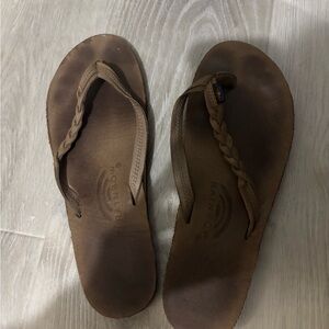 Rainbow Brown Braided Leather Thong Sandals for Women